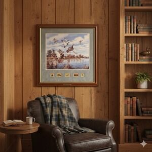 Vintage Davis Maass Print "Abrupt Departure" Wild Life Stamps 23X23